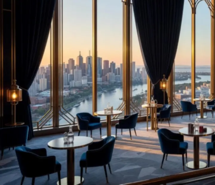 Australian city event venue with skyline backdrop prepared for a corporate gala
