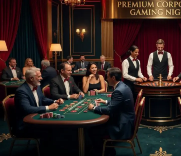 Corporate guests enjoying mock casino tables in a dramatic ruby-lit event space.