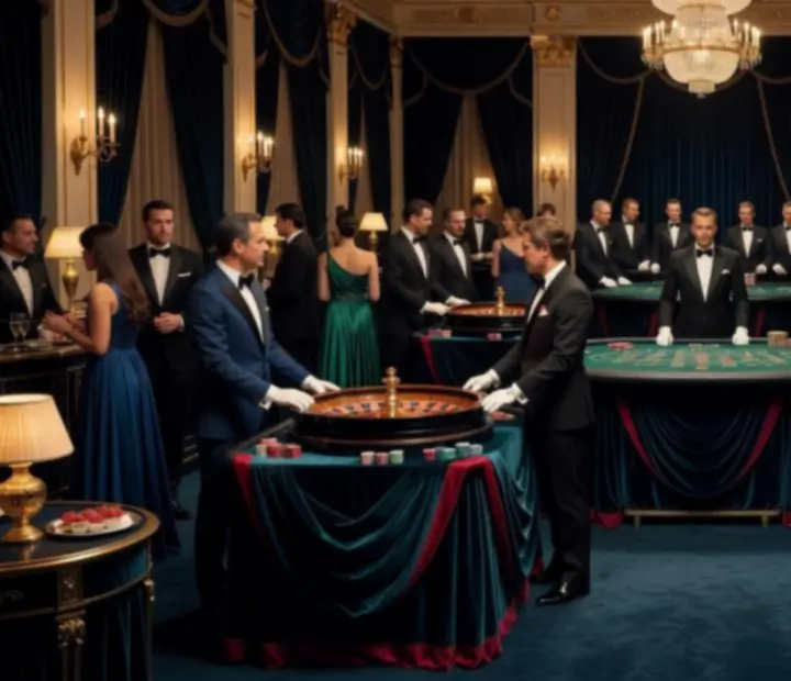 Casino-themed corporate night with ruby-lit blackjack and roulette tables.