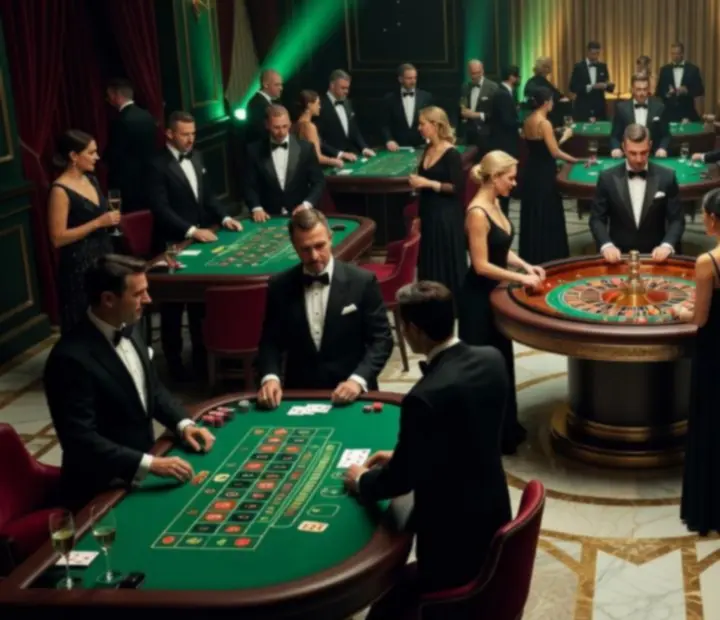 Casino Royale themed gaming room with premium fun-money tables and croupiers