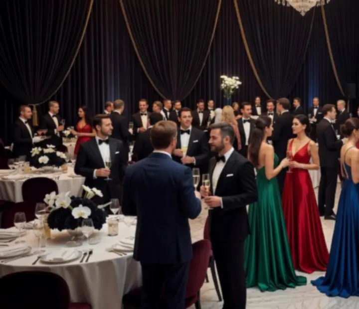 Elegant black-tie event with dramatic lighting and staged casino entertainment tables