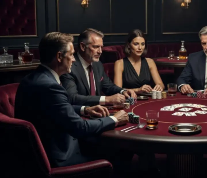 Executives gathered around a professionally lit poker table at a private event.