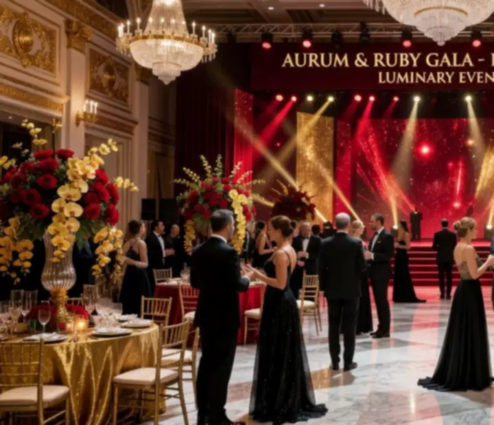 Elegant gala dinner with guests seated under dramatic lighting and stage design.