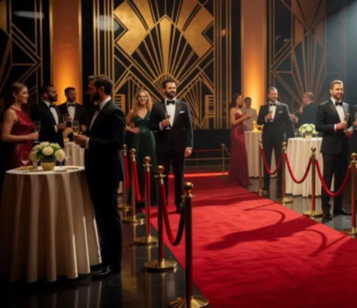 Hollywood glamour themed corporate gala with red carpet and cinematic lighting