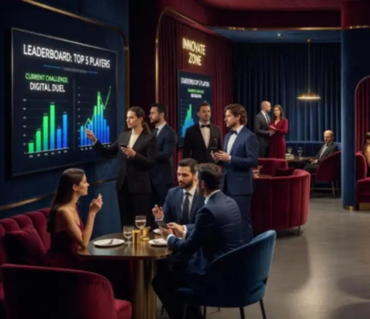 Branded interactive lounge with digital screens and social spaces at a corporate event.