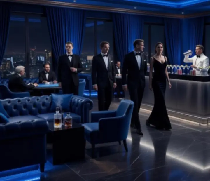 James Bond 007 inspired event space with sapphire lighting and casino tables