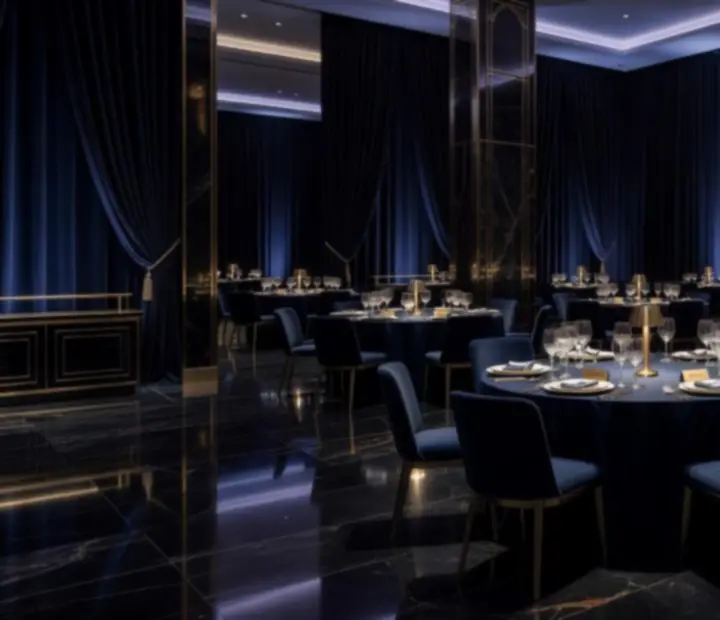 Luxurious Australian function space dressed for a high-end gala with casino tables and dramatic lighting