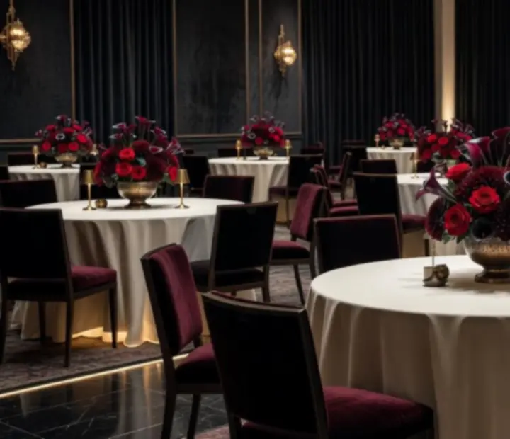 Midnight-lit event hall styled with velvet-dark lighting and opulent table decor.