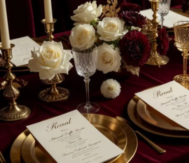 Close-up of an opulent event tablescape with candles and custom décor.