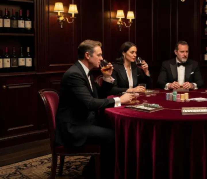 Private poker lounge setup with velvet tables and ambient lighting