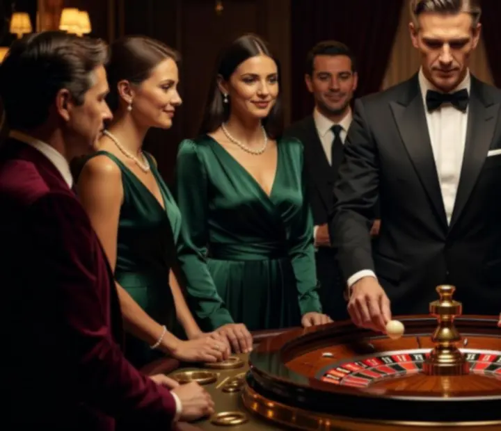 Professional croupier dealing cards at an elegant casino-style event table.