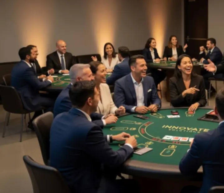 Corporate team building group participating in a fun-money casino challenge