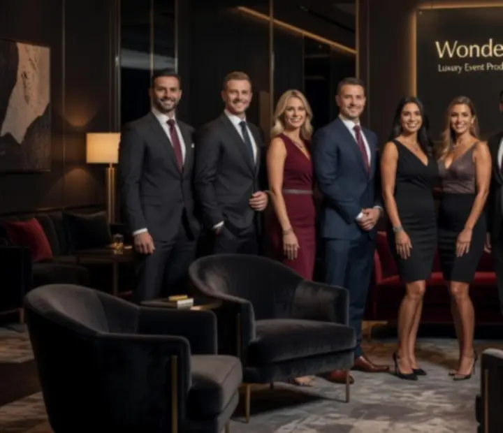 Wonderstar core team assembled in a dimly lit event venue with rich burgundy and teal lighting.