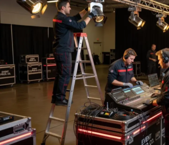Technical crew operating lighting and audio equipment behind the scenes at an immersive event.