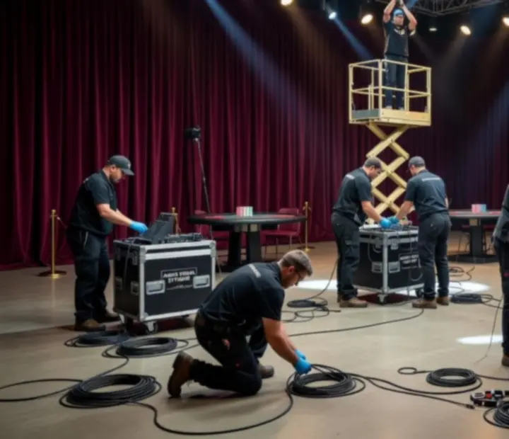 Technical production team setting up lighting and staging for an evening gala