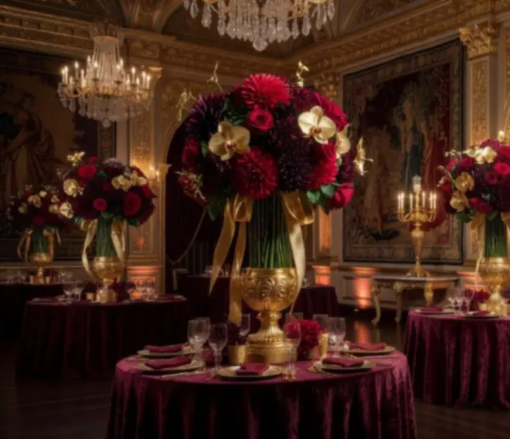Opulent themed event décor with deep burgundy lighting and sculpted centerpieces