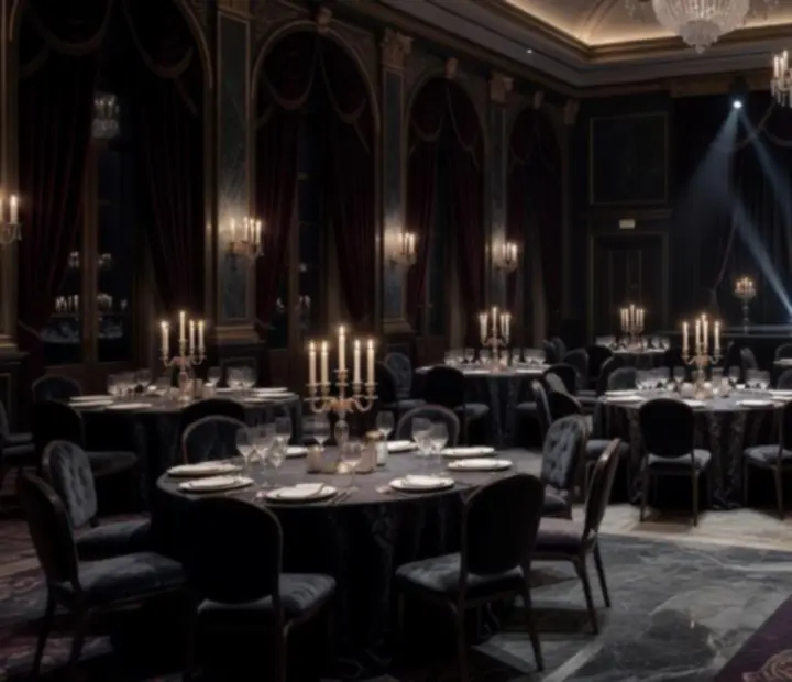 Luxuriously lit ballroom transformed for a black-tie gala with deep velvet and ruby lighting.