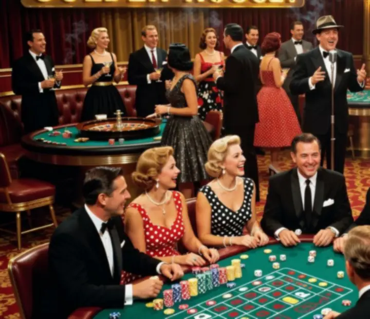 Vintage Vegas themed casino scene with neon signage and fun-money tables